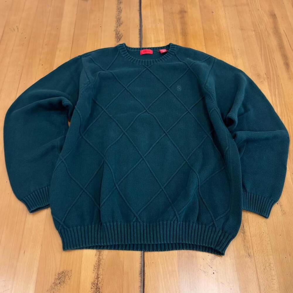 IZOD Diamond Knit Crewneck Sweater Size L Green Cotton